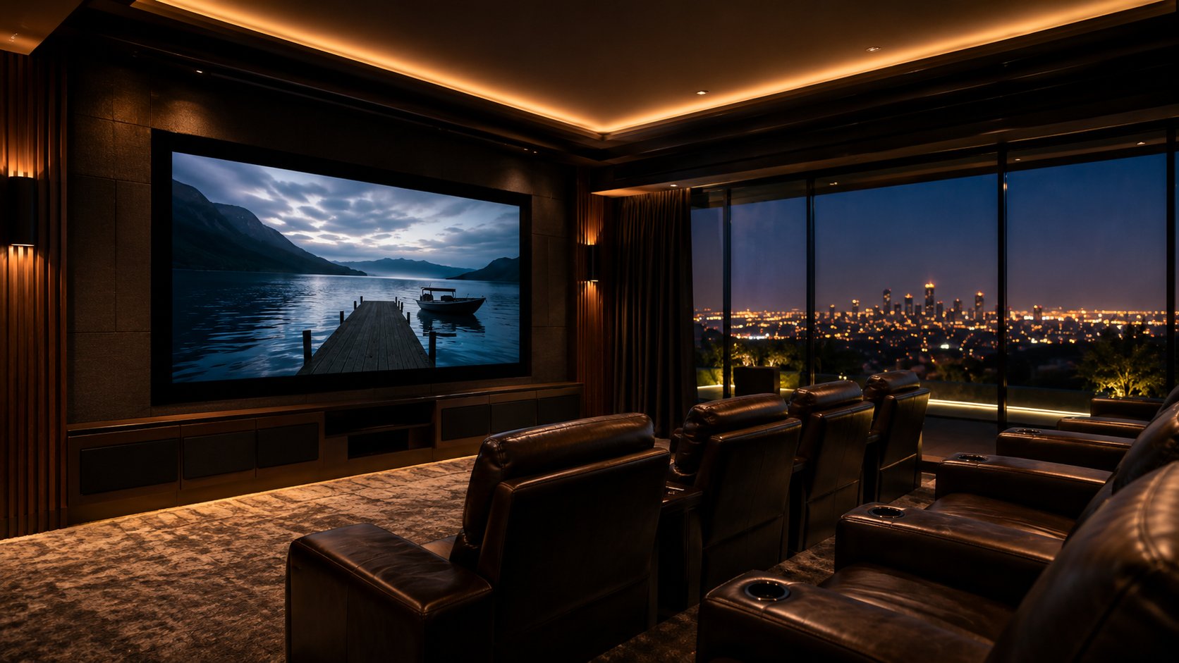 KNX cinema room automation scene for lighting curtains cooling and media
