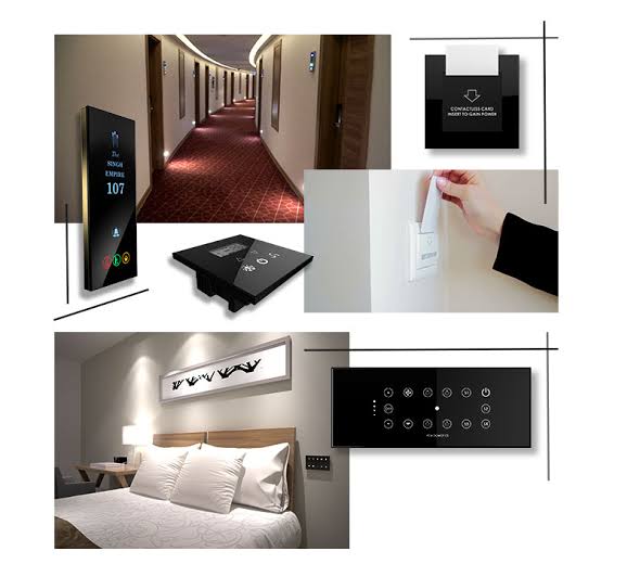 Hotel guest room automation controls and public-area systems